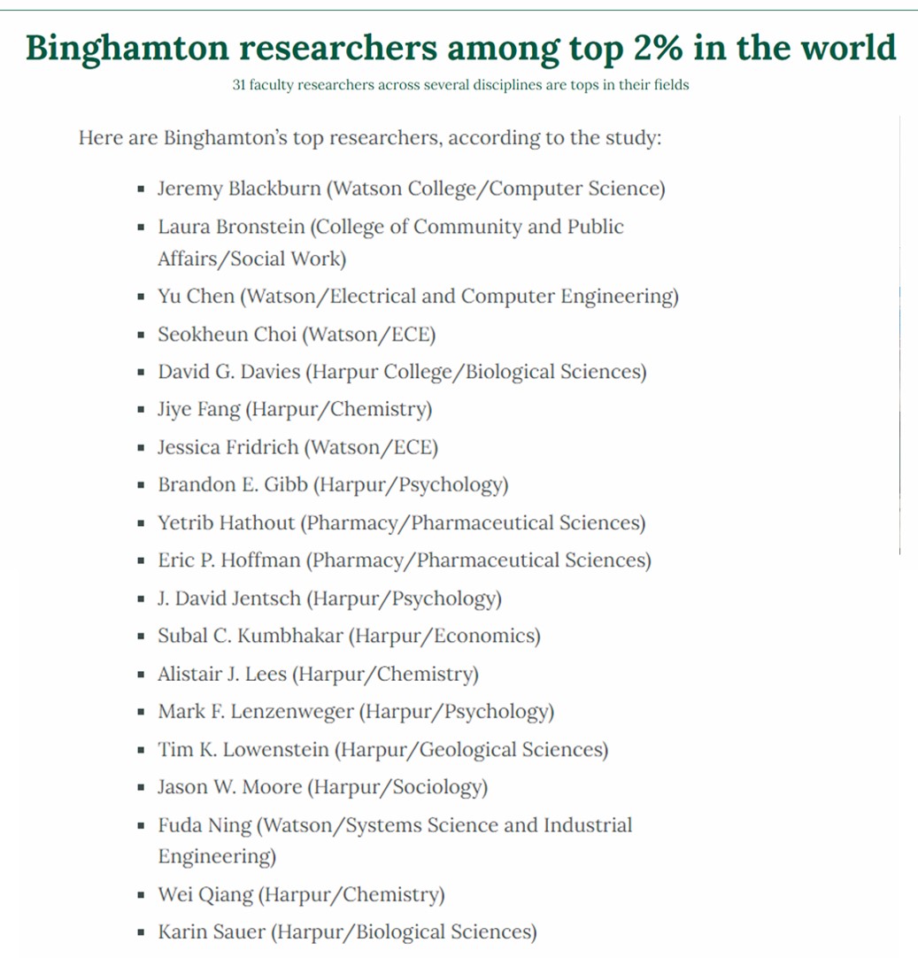 Binghamton University news coverage of the top 2 percent scientists recognition